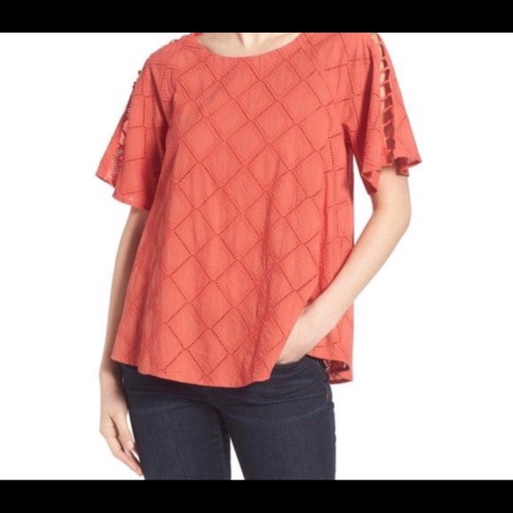 Madewell coral eyelet lattice blouse with cutouts - Picture 2 of 6